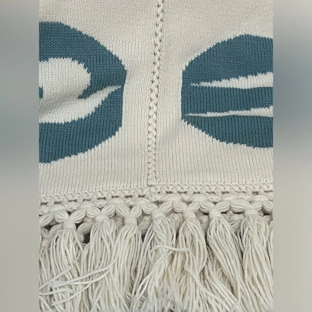 UNBRANDED Cream and Blue Fringed Throw Blanket NAUTICAL APPROXIMATELY 52 X 83